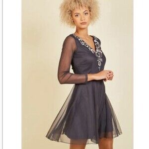 FROCK and Frill beaded v neck mesh mini Wedding Guest Dress